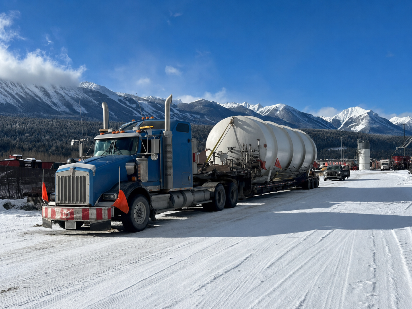 Real specialized tank shipment coordinated through winter mountain conditions