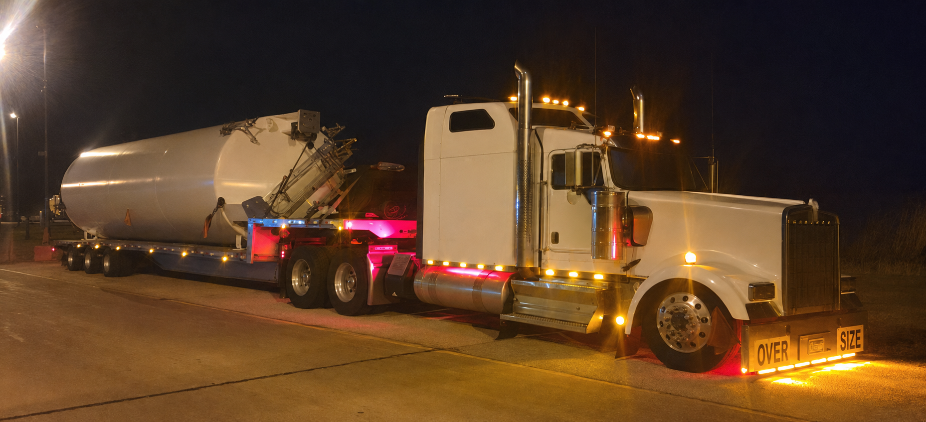 Actual oversize tank shipment moving at night